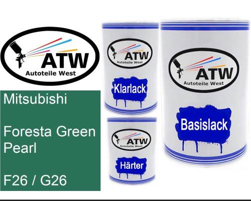Mitsubishi, Foresta Green Pearl, F26 / G26: 500ml Lackdose + 500ml Klarlack + 250ml Härter - Set, von ATW Autoteile West.